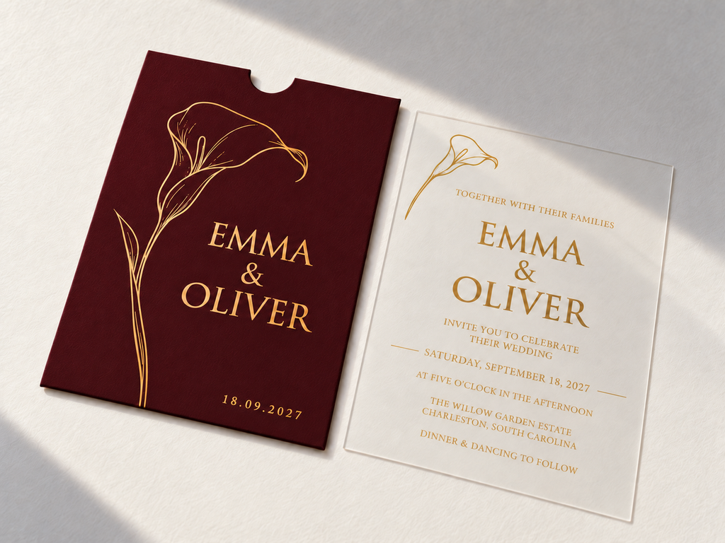 Calla Lily invitation with a burgundy pocket sleeve, gold flower artwork, and matching clear card.