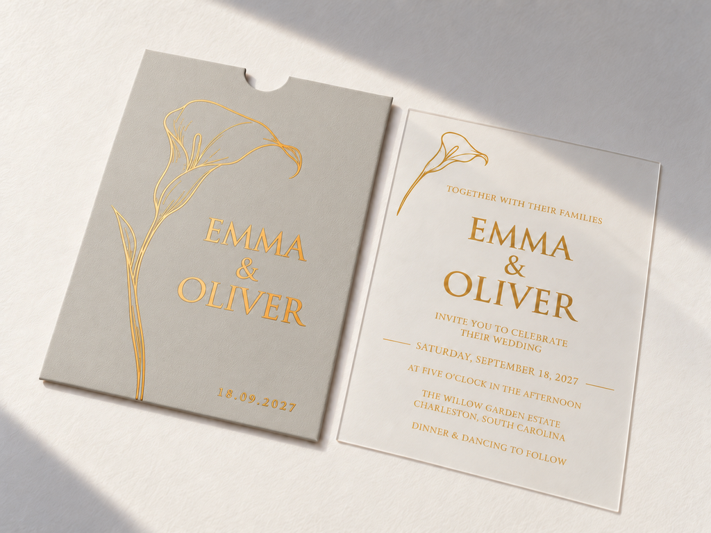 Calla Lily invitation with a warm gray pocket sleeve, gold flower artwork, and matching clear card.