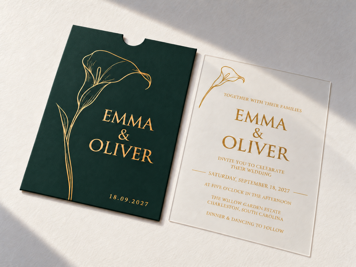 Calla Lily invitation with a green pocket sleeve, gold flower artwork, and matching clear card.