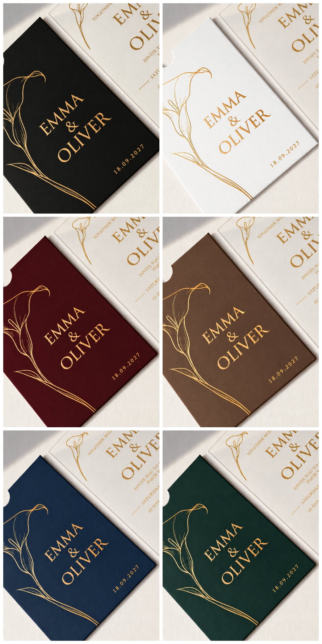 Collage of the Calla Lily invitation with black, white, burgundy, brown, navy blue, and green sleeves.