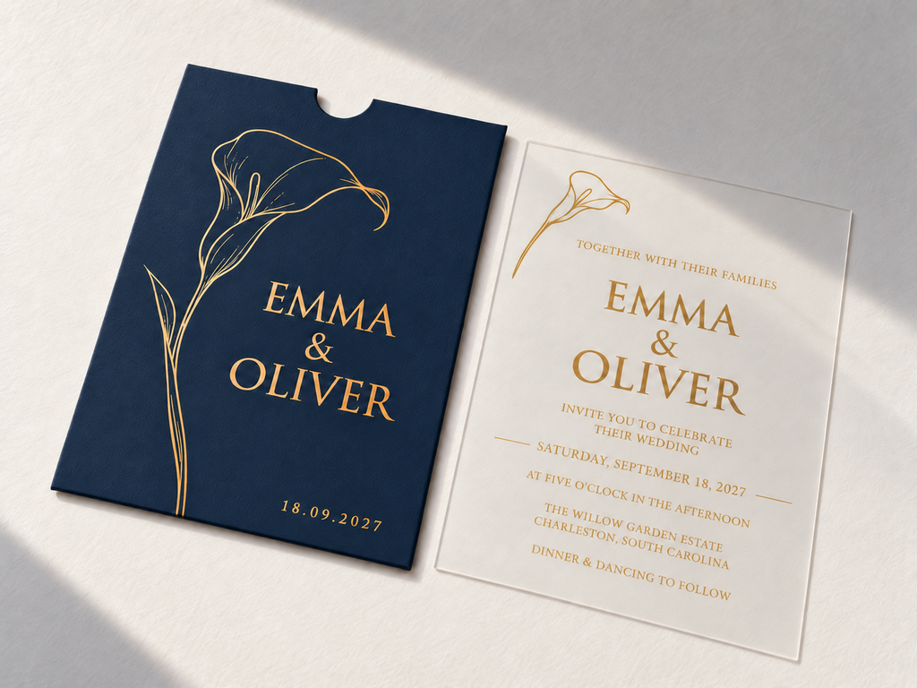 Calla Lily invitation with a navy blue pocket sleeve, gold flower artwork, and matching clear card.