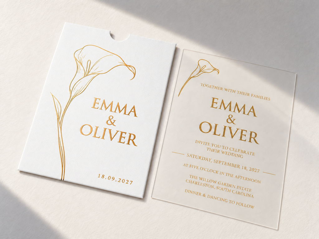 Calla Lily invitation with a white pocket sleeve, gold flower artwork, and matching clear card.