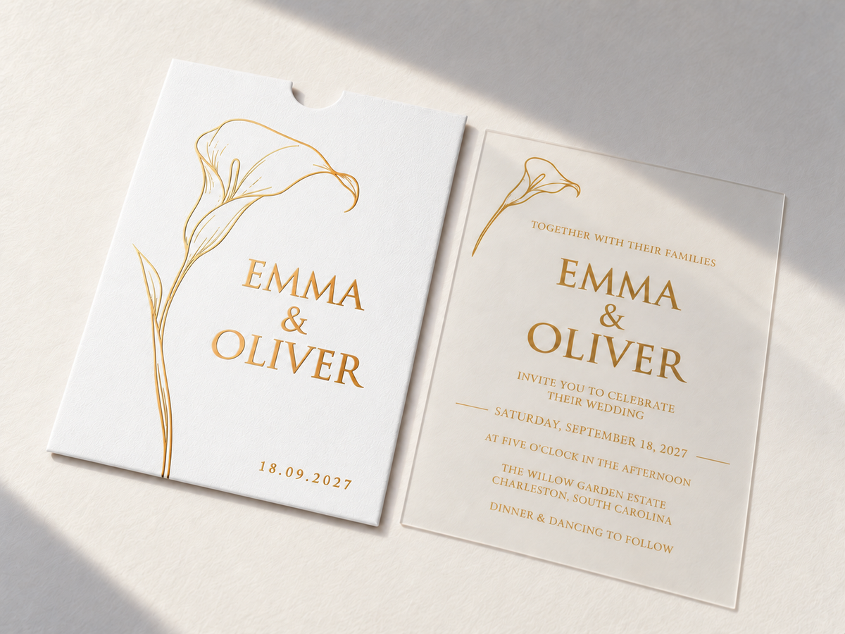 Calla Lily invitation with a white pocket sleeve, gold flower artwork, and matching clear card.