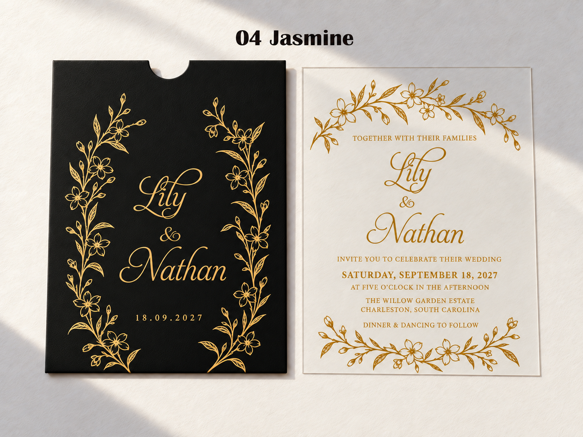 Alternate Jasmine artwork example on a black pocket sleeve and clear card, with gold botanical wreaths and flowing script.