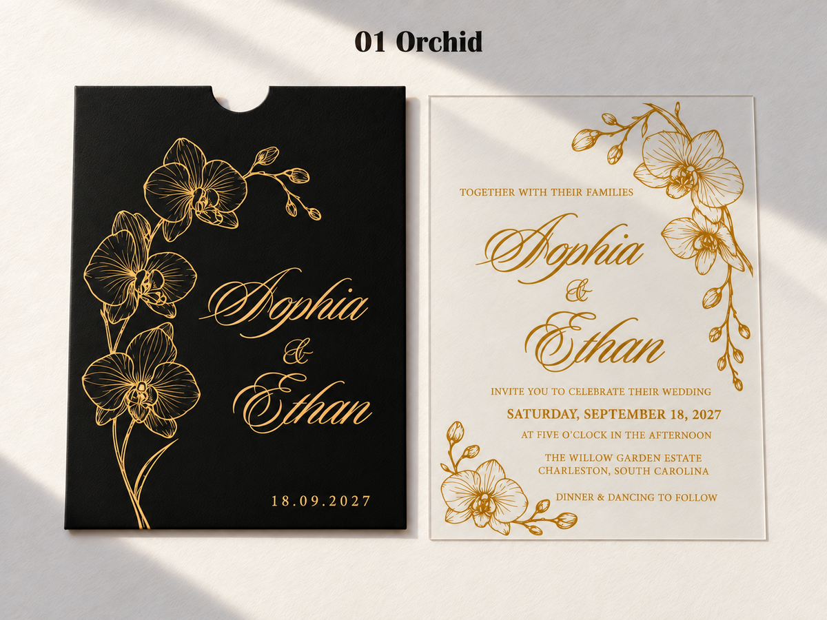 Alternate Orchid artwork example on a black pocket sleeve and clear card, with gold orchid outlines and flowing script.