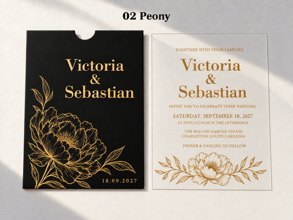 Alternate Peony artwork example on a black pocket sleeve and clear card, with gold flower outlines and serif lettering.