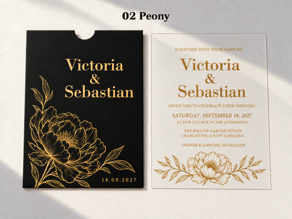 Alternate Peony artwork example on a black pocket sleeve and clear card, with gold flower outlines and serif lettering.