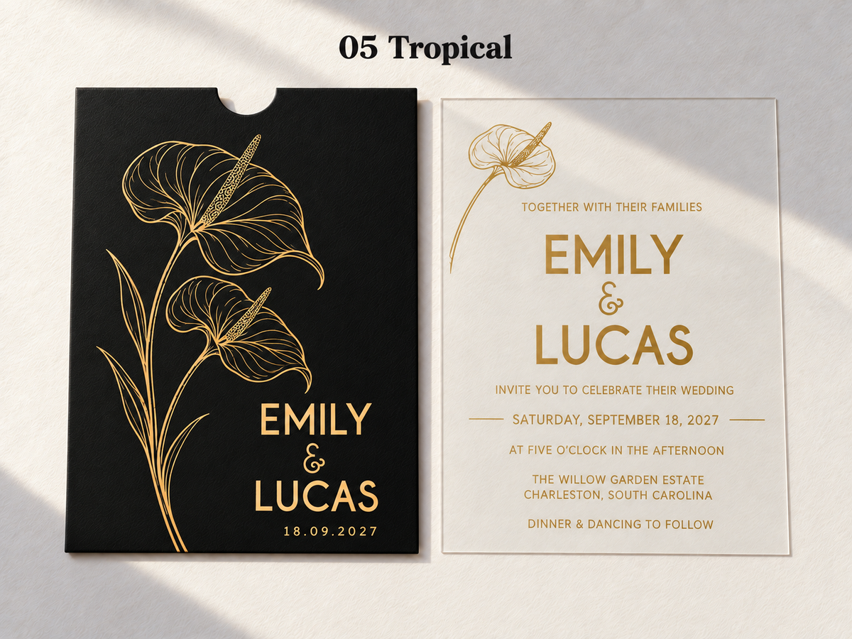 Alternate Tropical artwork example on a black pocket sleeve and clear card, with large gold flower outlines and block lettering.