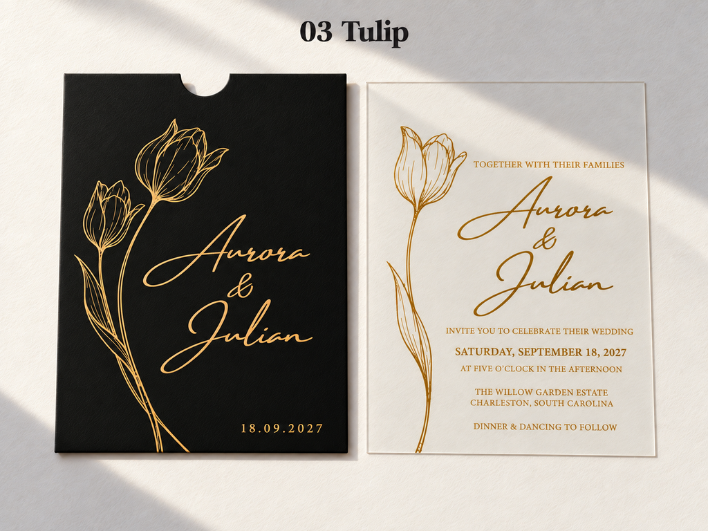 Labeled Tulip design example showing a black pocket sleeve and clear card with gold tulip artwork and script.