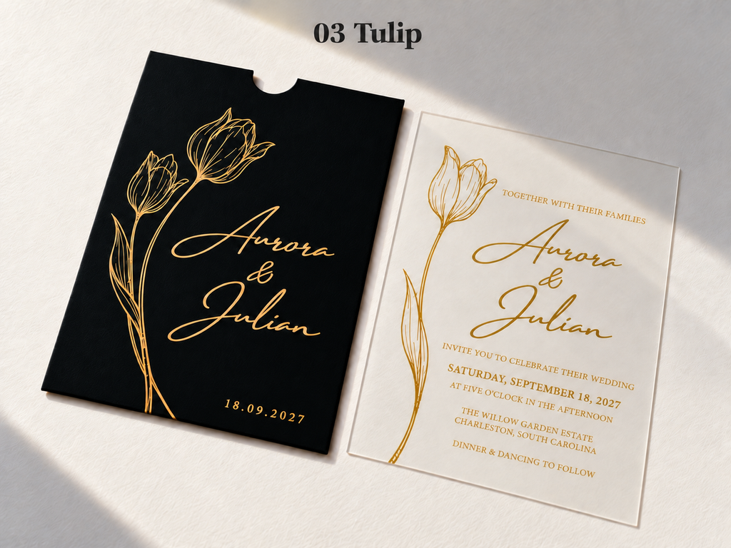 Black Tulip pocket sleeve and matching clear invitation card with gold floral line artwork and flowing script.