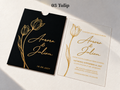 Black Tulip pocket sleeve and matching clear invitation card with gold floral line artwork and flowing script.