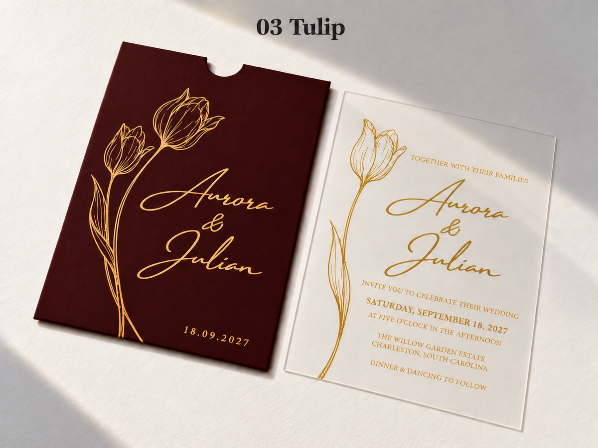 Tulip invitation with a burgundy pocket sleeve, gold flower artwork and script, and a matching clear card.