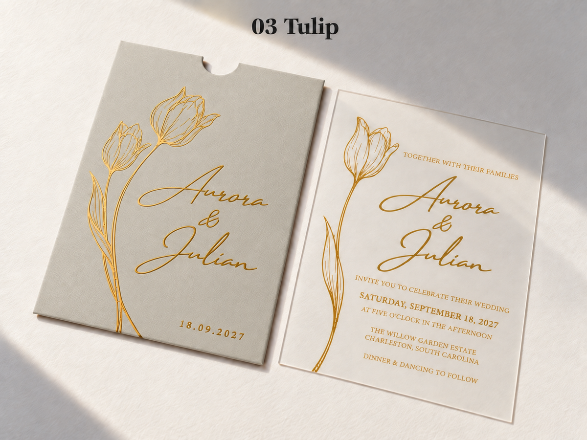 Tulip invitation with a warm gray pocket sleeve, gold flower artwork and script, and a matching clear card.