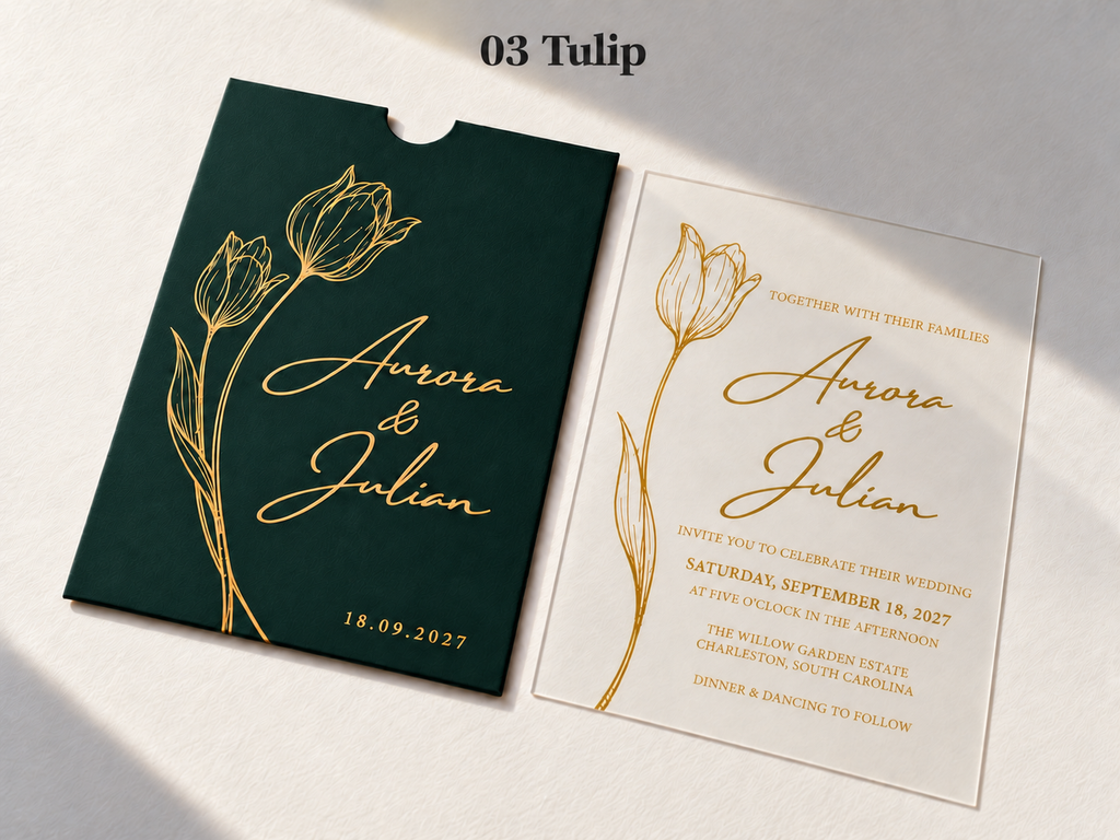 Tulip invitation with a green pocket sleeve, gold flower artwork and script, and a matching clear card.