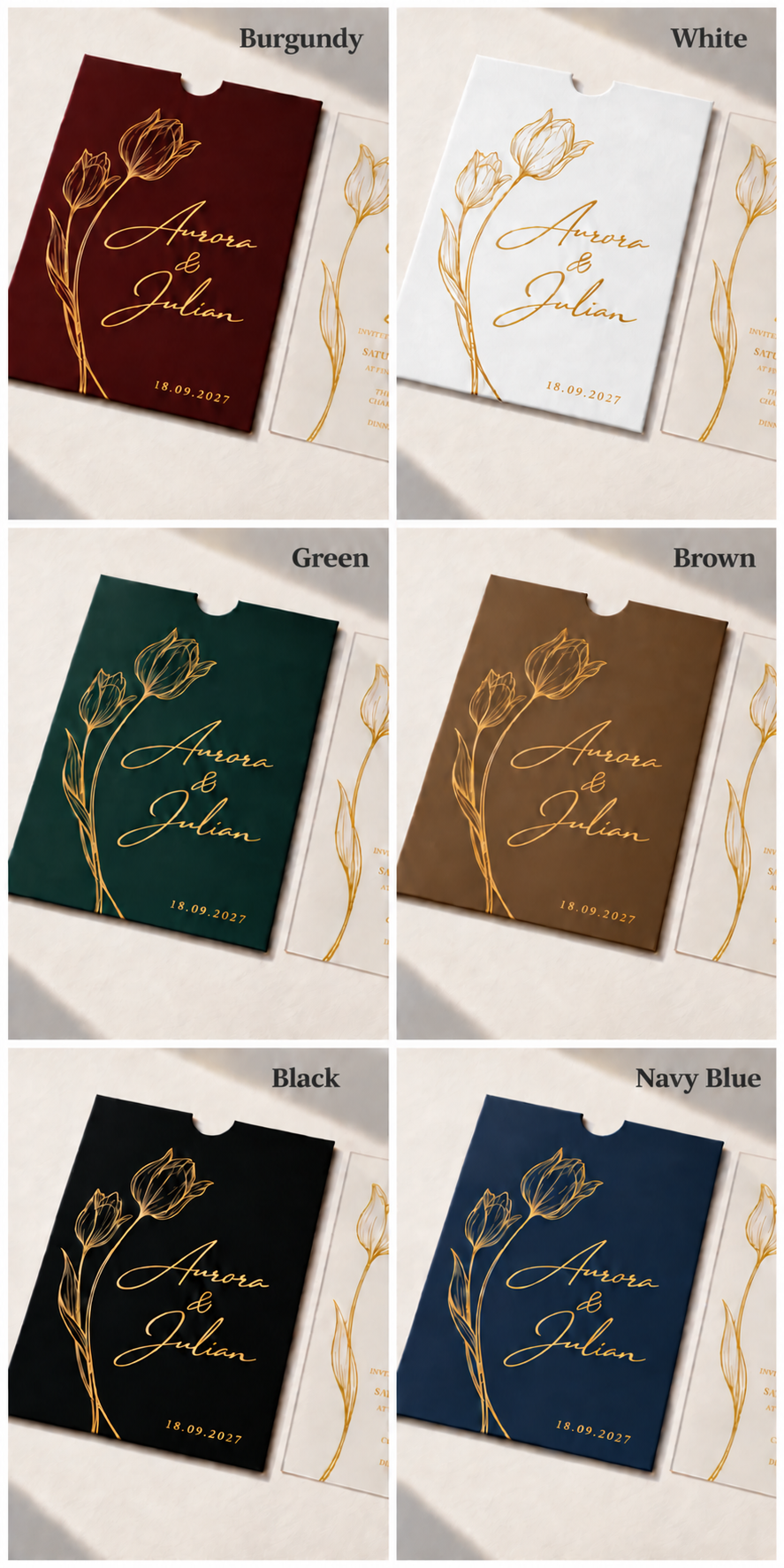 Collage of Tulip invitation sleeves in burgundy, white, green, brown, black, and navy blue.