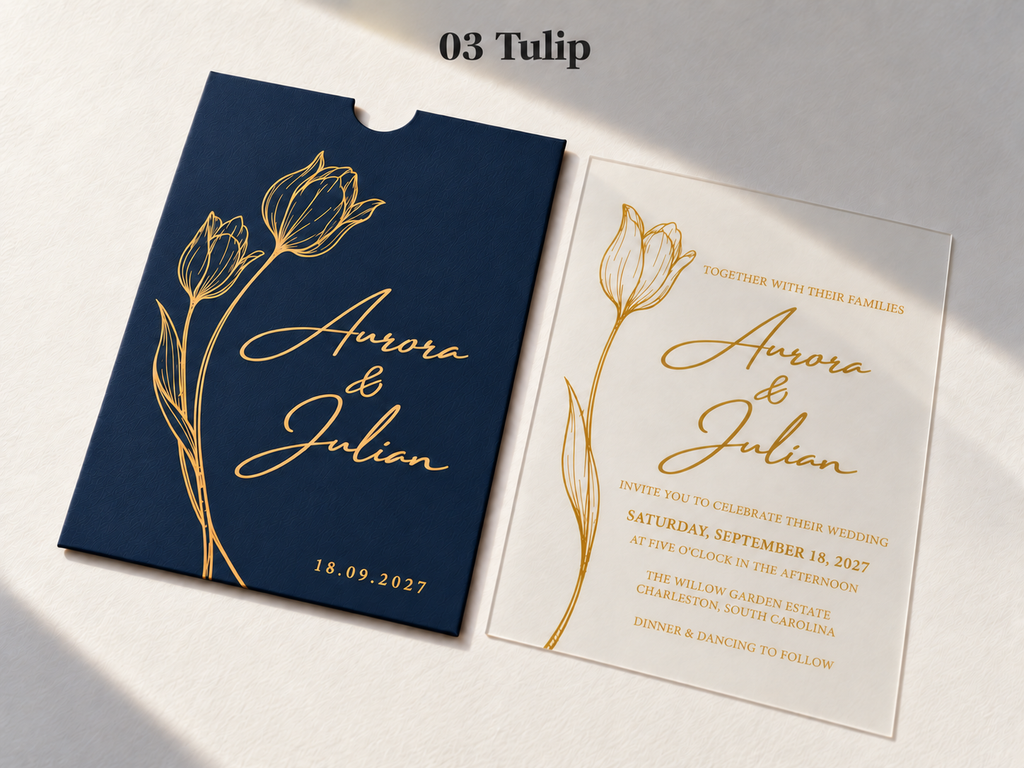 Tulip invitation with a navy blue pocket sleeve, gold flower artwork and script, and a matching clear card.