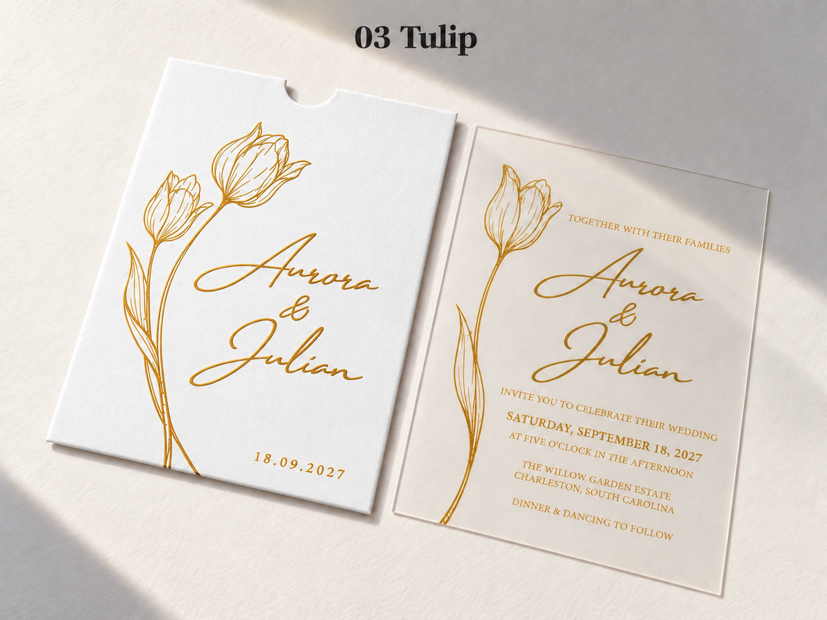 Tulip invitation with a white pocket sleeve, gold flower artwork and script, and a matching clear card.