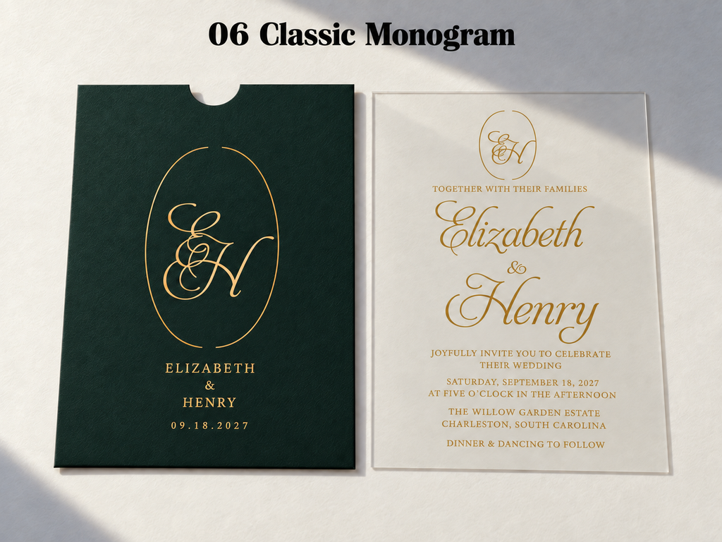 Alternate Classic Monogram artwork example on a green sleeve and clear card, with gold initials inside an oval frame.