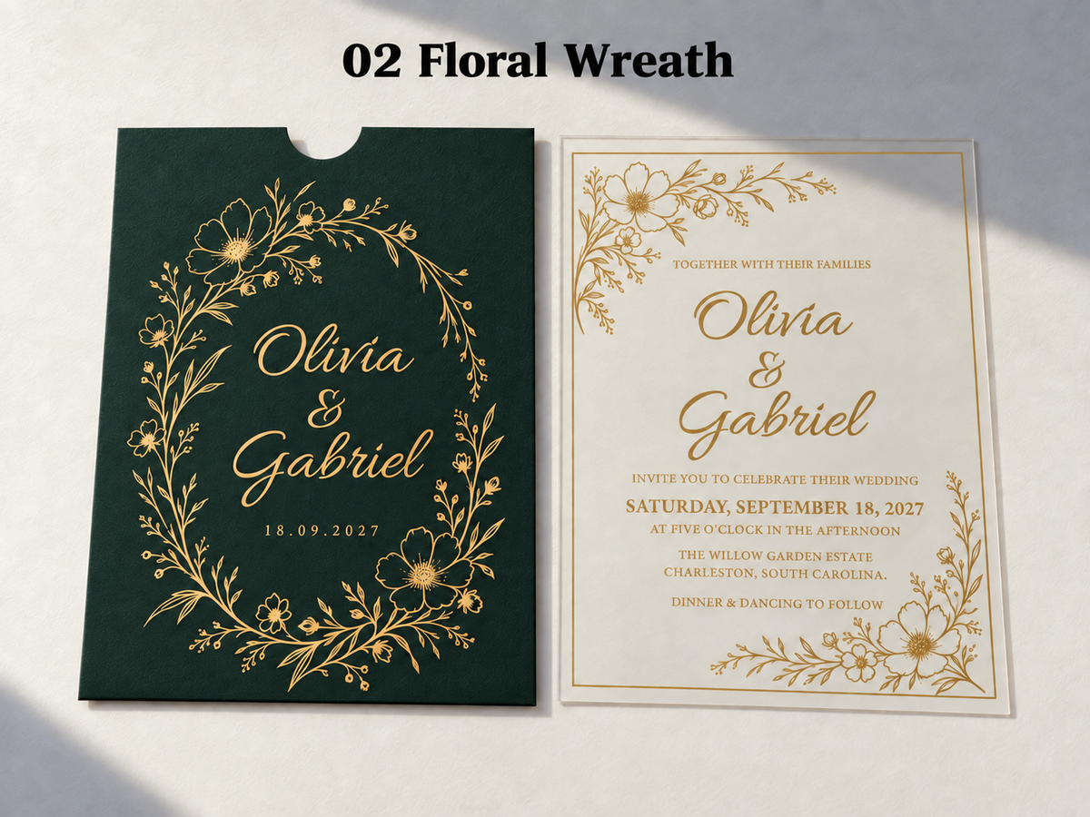 Alternate Floral Wreath artwork example on a green sleeve and clear card, with gold floral outlines framing script names.