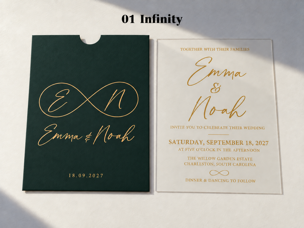 Alternate Infinity artwork example on a green sleeve and clear card, with gold names and a looping monogram.