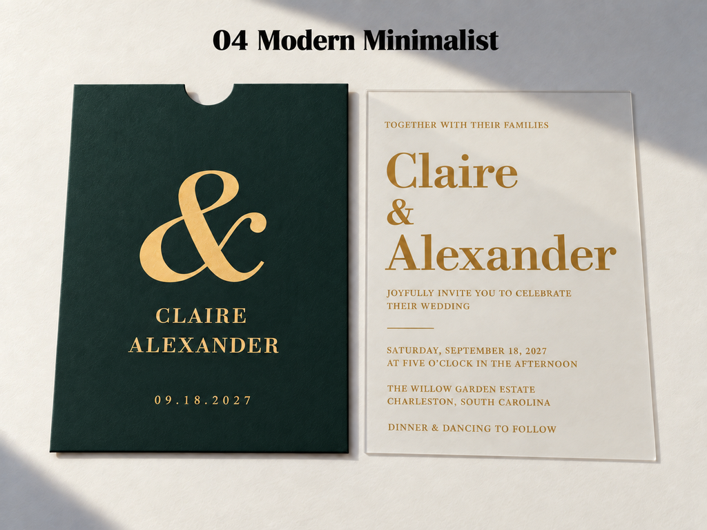 Alternate Modern Minimalist artwork example on a green sleeve and clear card, with a large gold ampersand and serif names.