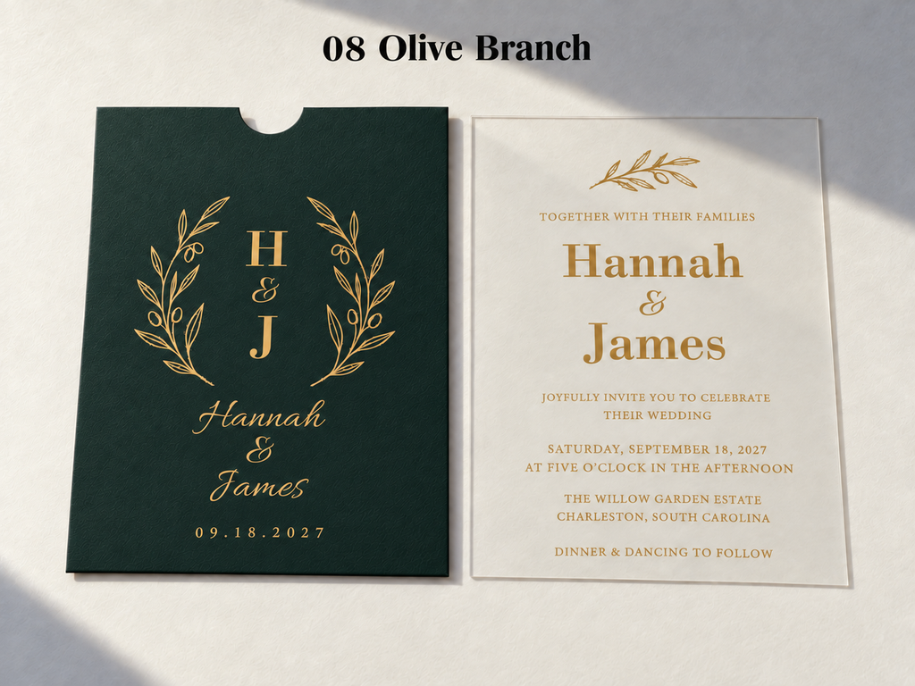 Alternate Olive Branch artwork example on a green sleeve and clear card, with gold branches, initials, and lettering.