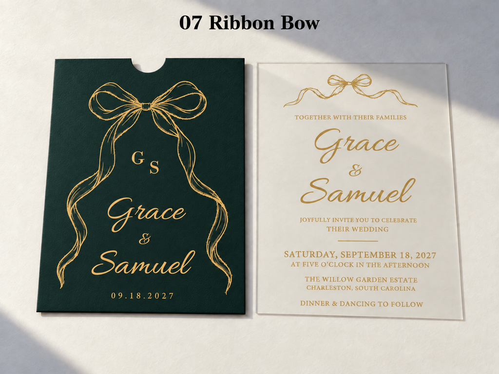 Alternate Ribbon Bow artwork example on a green sleeve and clear card, with a printed gold bow and script lettering.