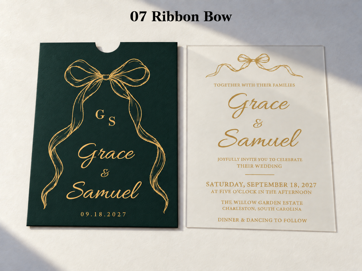 Alternate Ribbon Bow artwork example on a green sleeve and clear card, with a printed gold bow and script lettering.