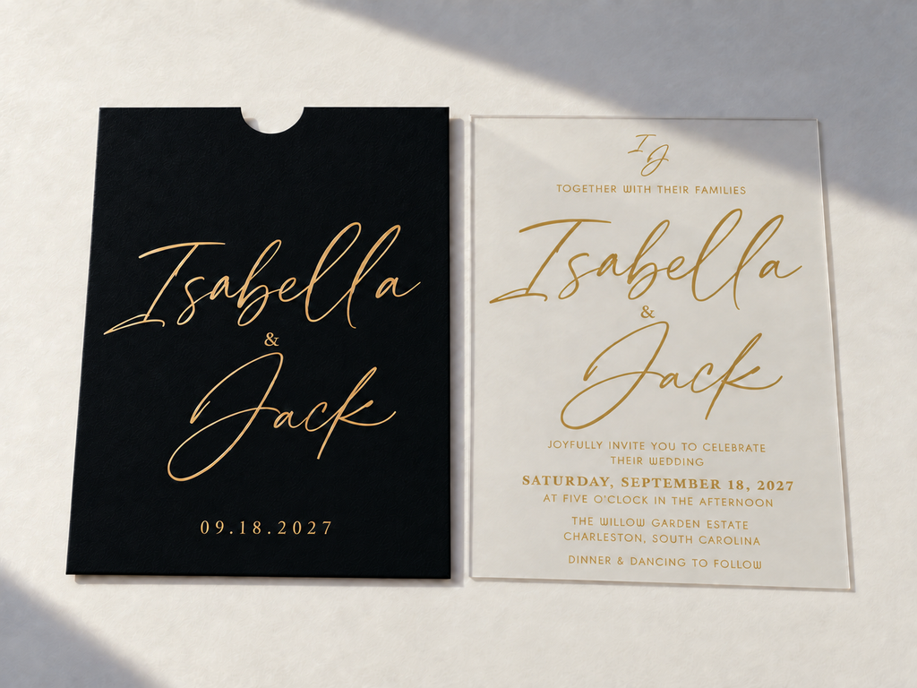 Black Signature Script pocket sleeve beside a clear invitation card, both featuring large gold script names.