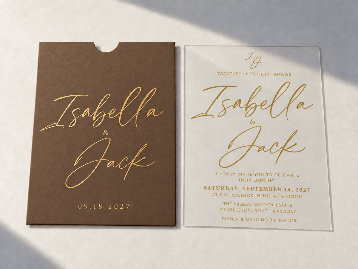 Signature Script invitation with a brown pocket sleeve and clear card, both featuring large gold script names.