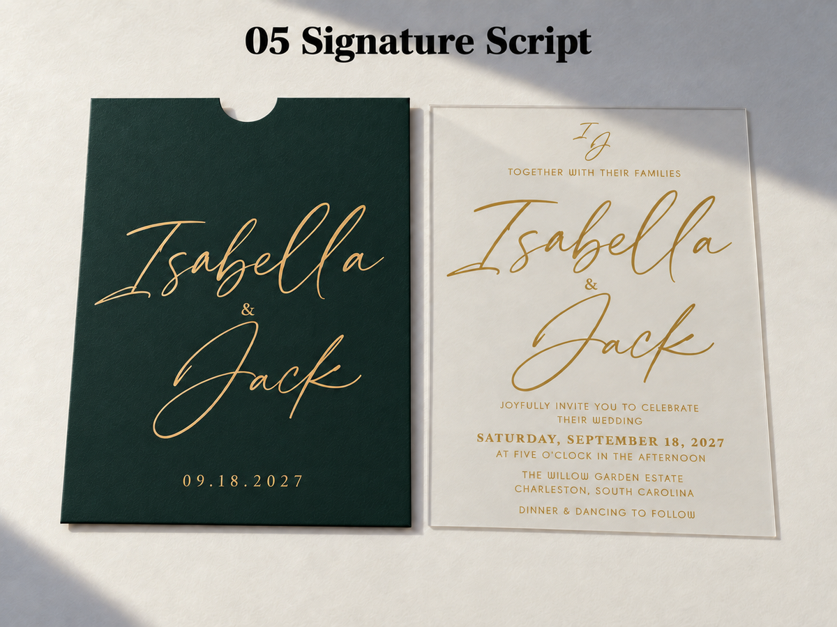 Green Signature Script pocket sleeve and matching clear invitation card with gold names, labeled 05 Signature Script.