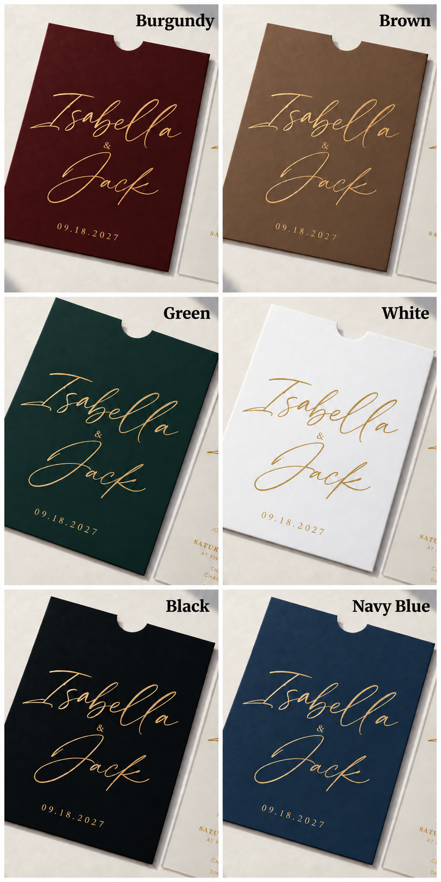Collage of Signature Script invitation sleeves in burgundy, brown, green, white, black, and navy blue.
