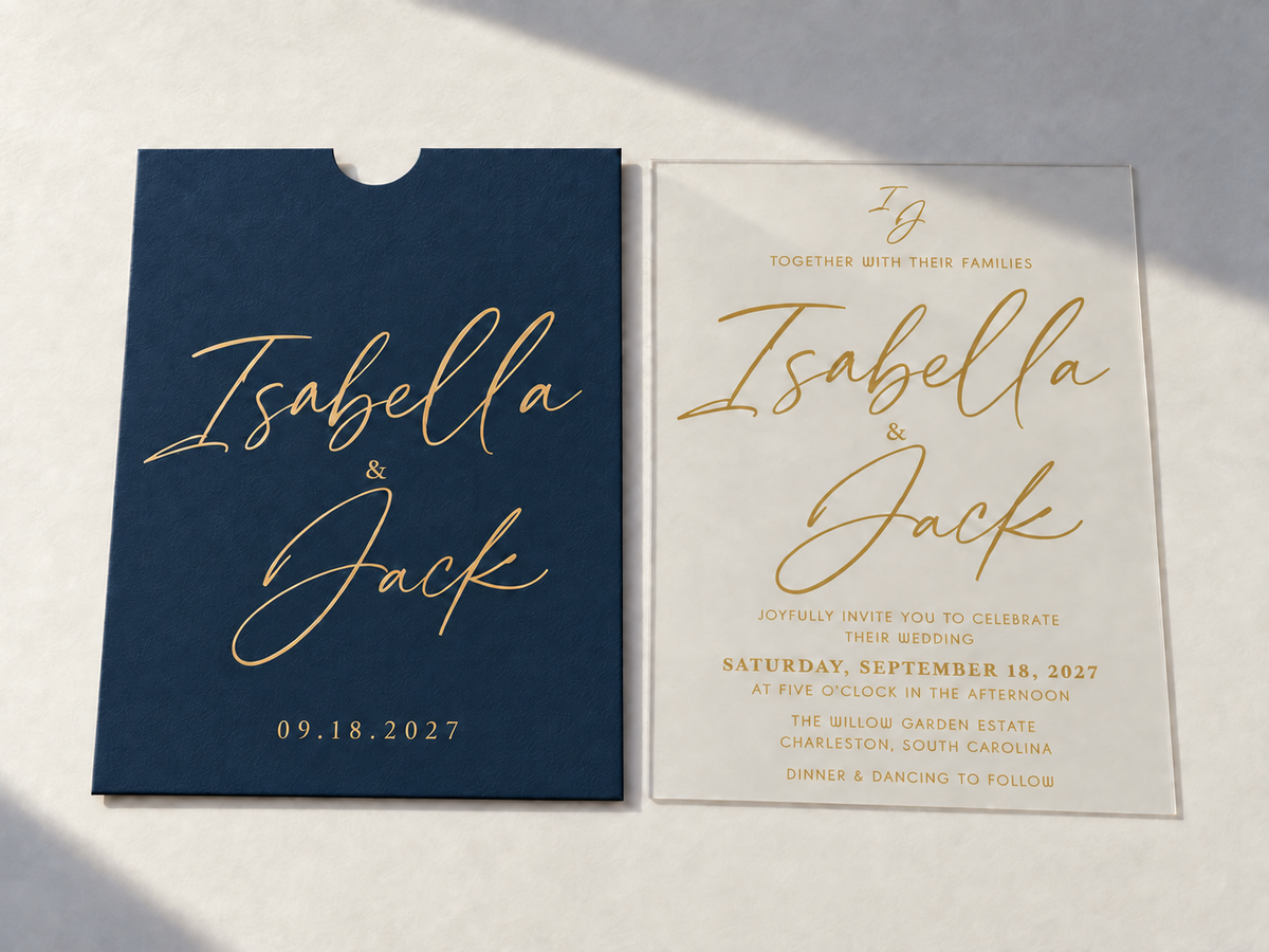 Signature Script invitation with a navy blue pocket sleeve and clear card, both featuring large gold script names.