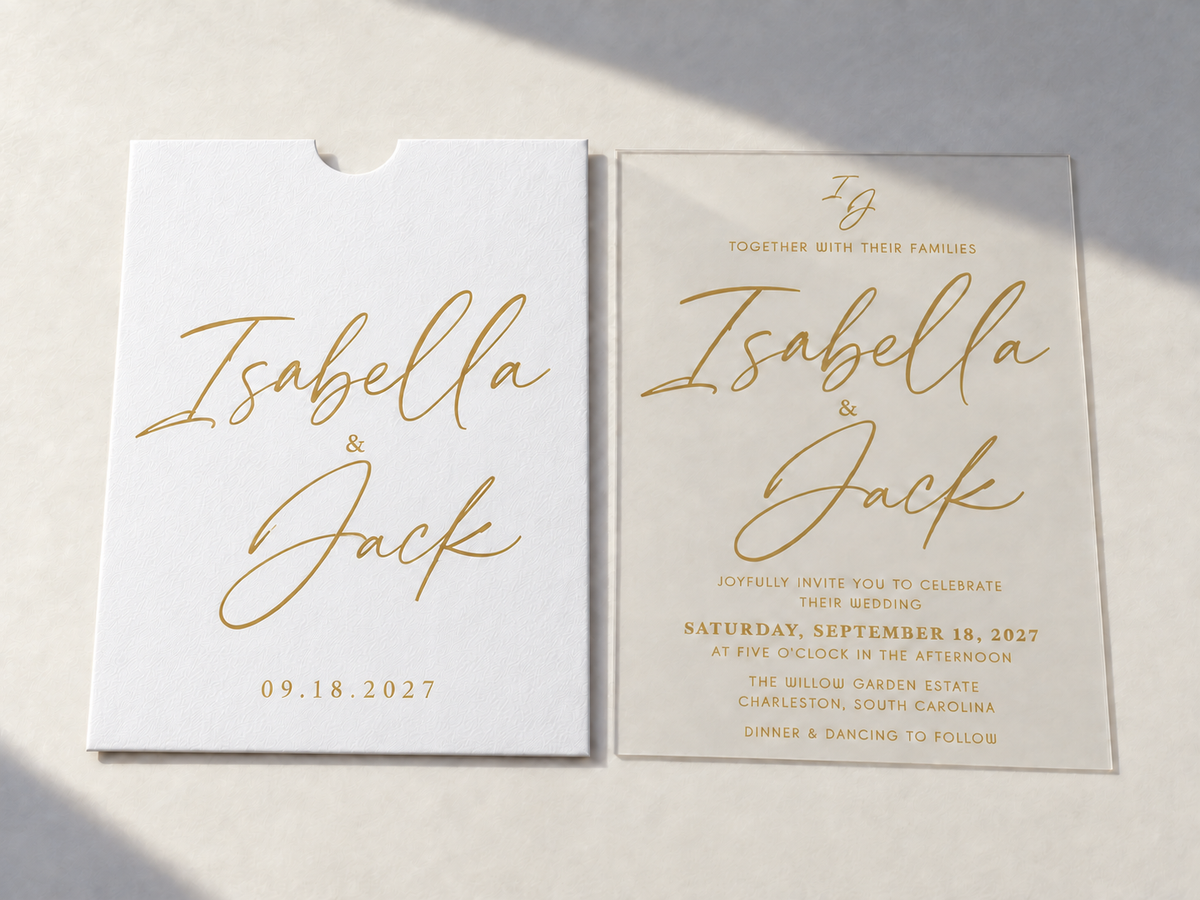 Signature Script invitation with a white pocket sleeve and clear card, both featuring large gold script names.