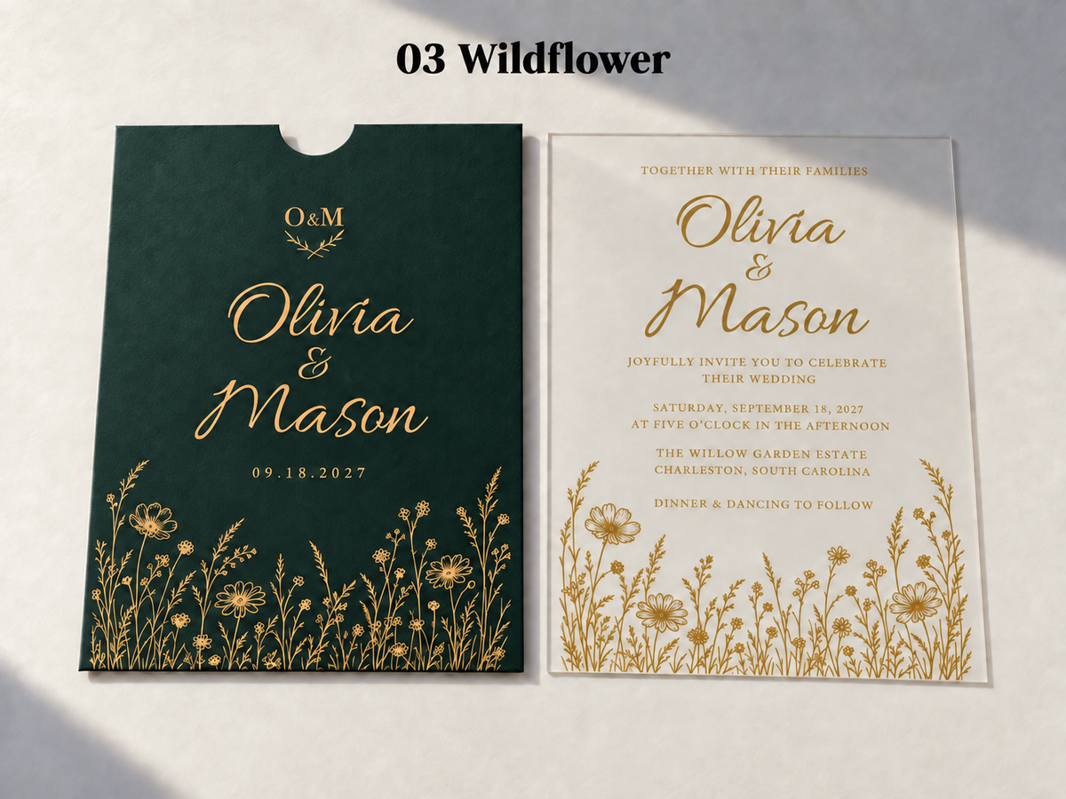 Alternate Wildflower artwork example on a green sleeve and clear card, with gold flowers along the lower edges.