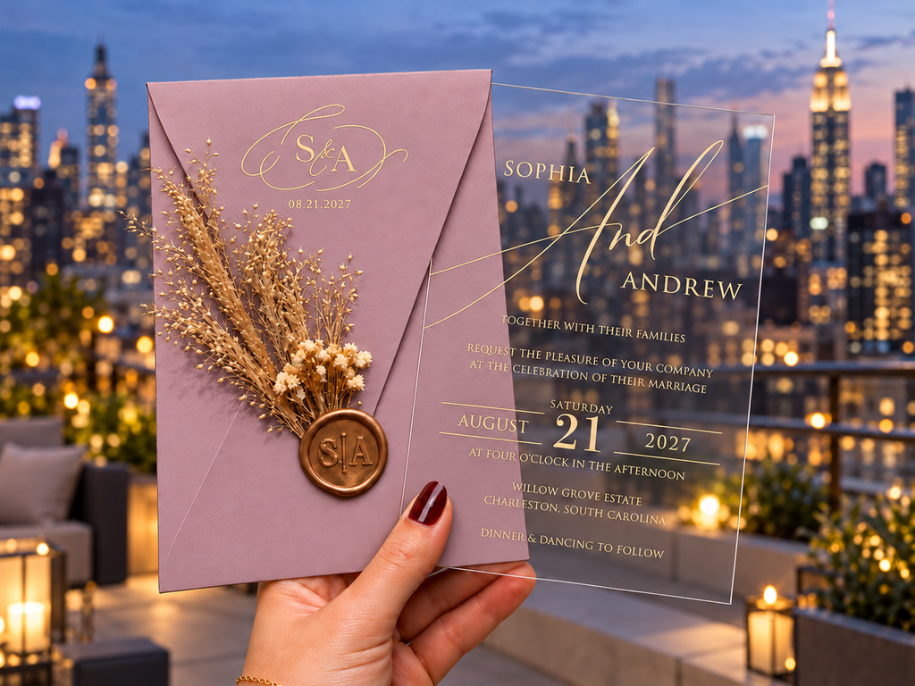 Blush pink monogram envelope with a dried botanical sprig and round wax seal beside a clear gold-lettered invitation, against a rooftop skyline.