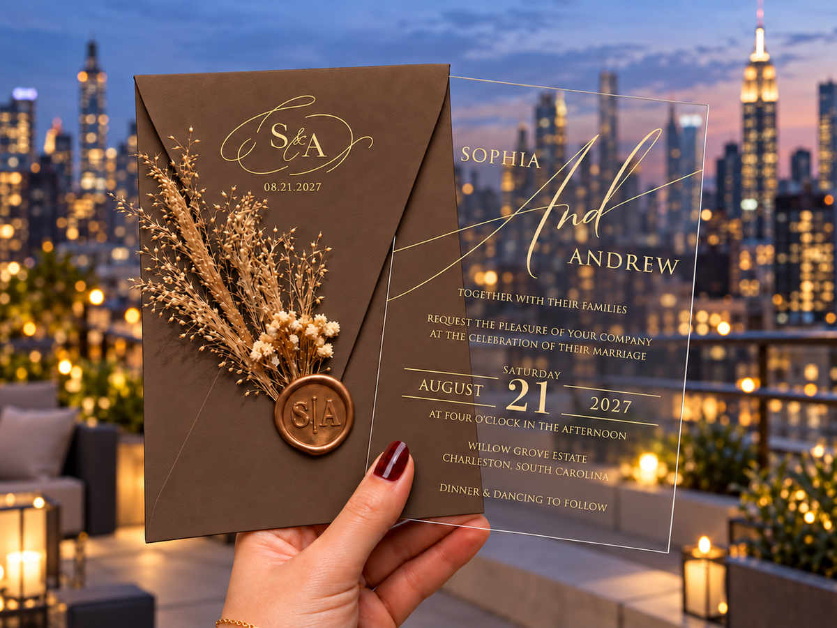 Brown monogram envelope with a dried botanical sprig and round wax seal beside a clear gold-lettered invitation, against a rooftop skyline.