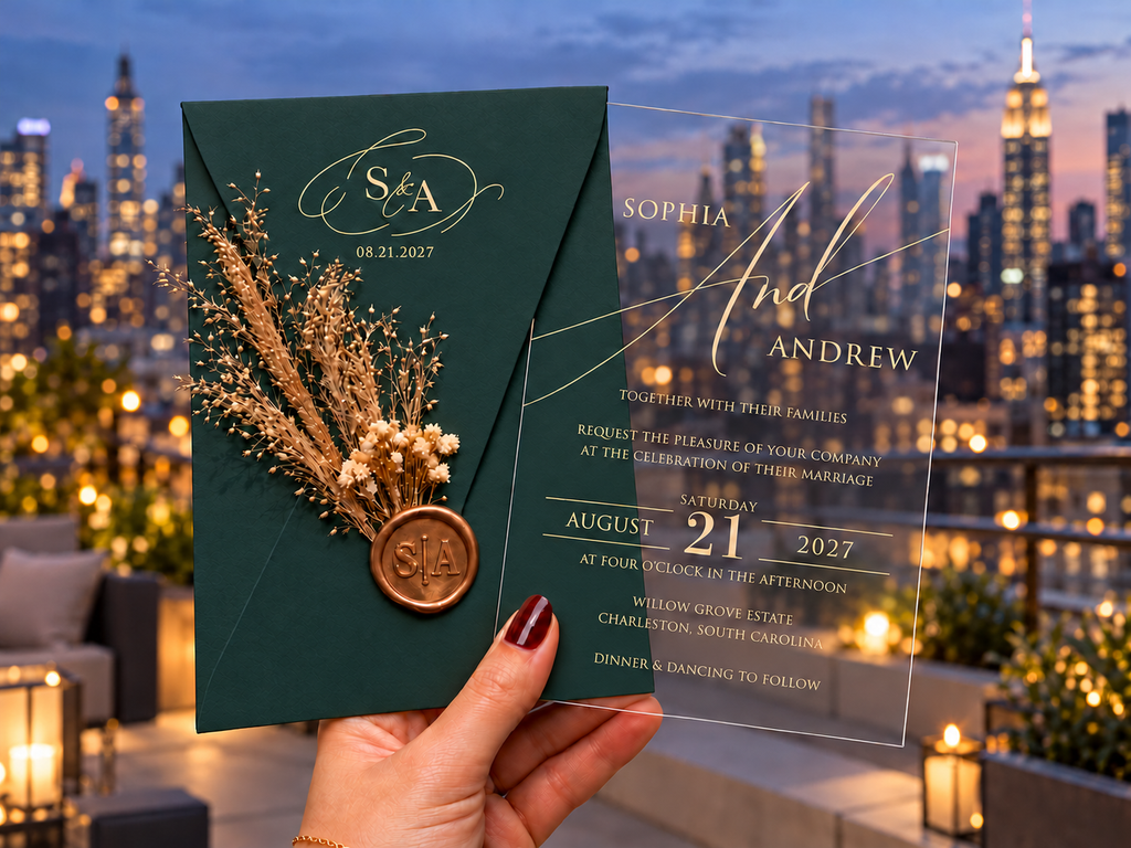 Green monogram envelope with a dried botanical sprig and round wax seal beside a clear gold-lettered invitation, against a rooftop skyline.