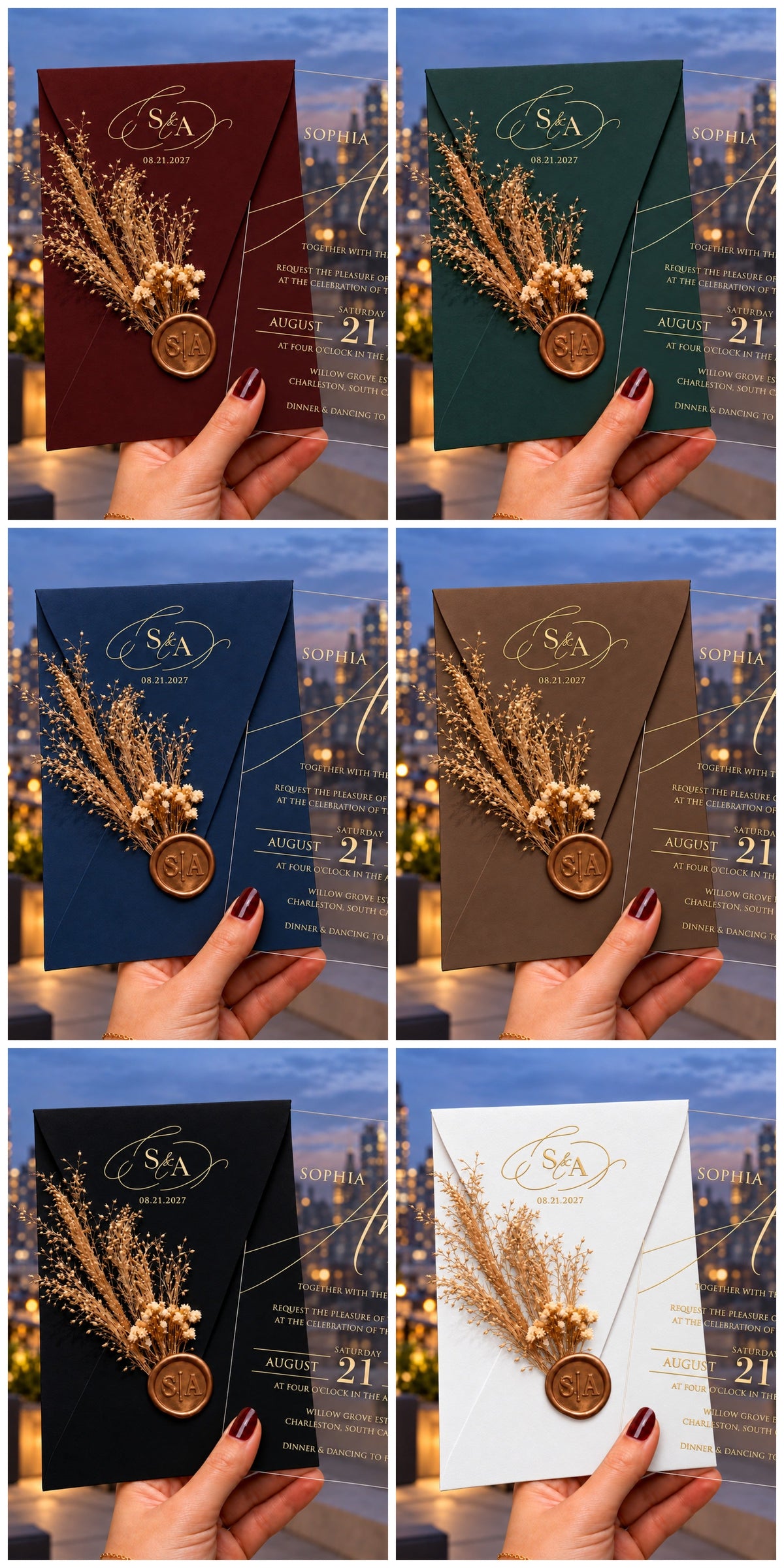 Collage of monogram invitation envelopes in burgundy, green, navy blue, brown, black, and white, with dried sprigs and round wax seals.