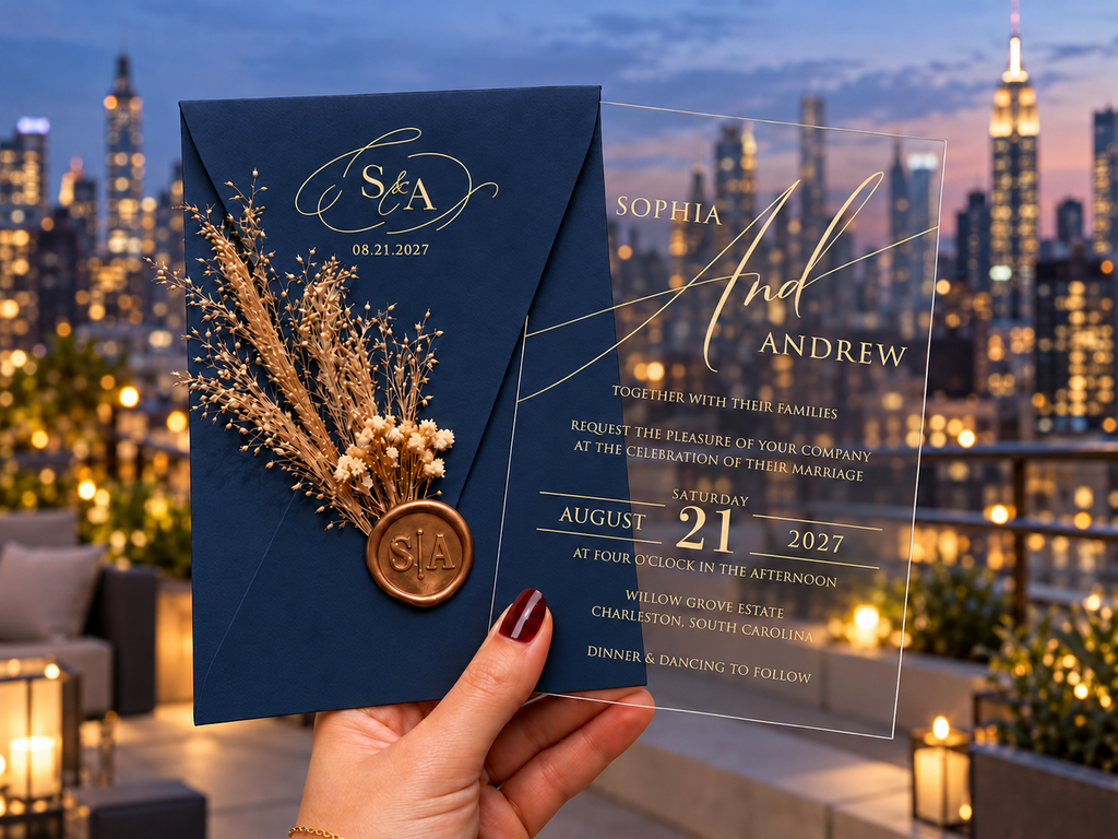 Navy blue monogram envelope with a dried botanical sprig and round wax seal beside a clear gold-lettered invitation, against a rooftop skyline.