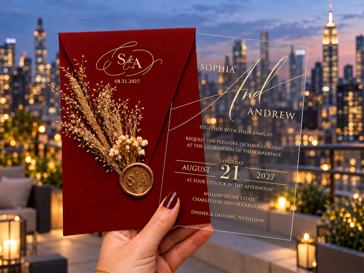 Red monogram envelope with a dried botanical sprig and round wax seal beside a clear gold-lettered invitation, against a rooftop skyline.