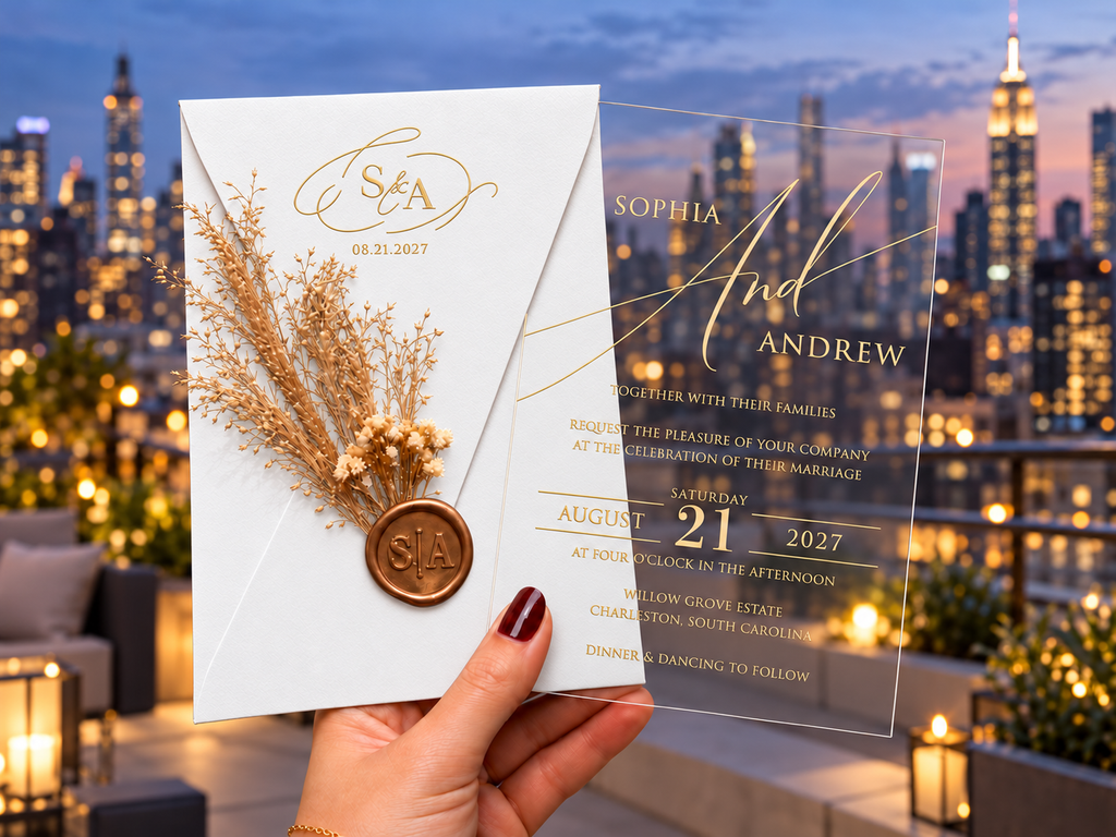 White monogram envelope with a dried botanical sprig and round wax seal beside a clear gold-lettered invitation, against a rooftop skyline.