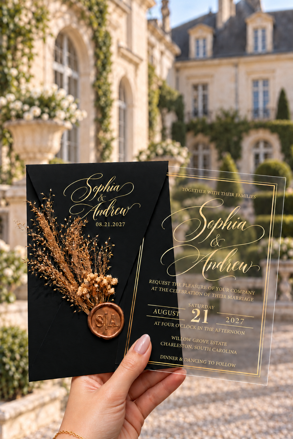 Black script envelope with a dried botanical sprig and round wax seal beside a clear gold-bordered invitation, against an estate courtyard.