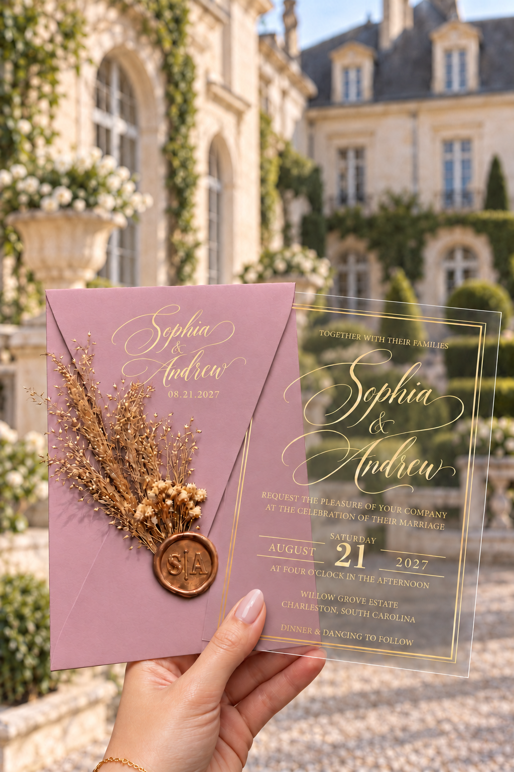 Blush pink script envelope with a dried botanical sprig and round wax seal beside a clear gold-bordered invitation, against an estate courtyard.