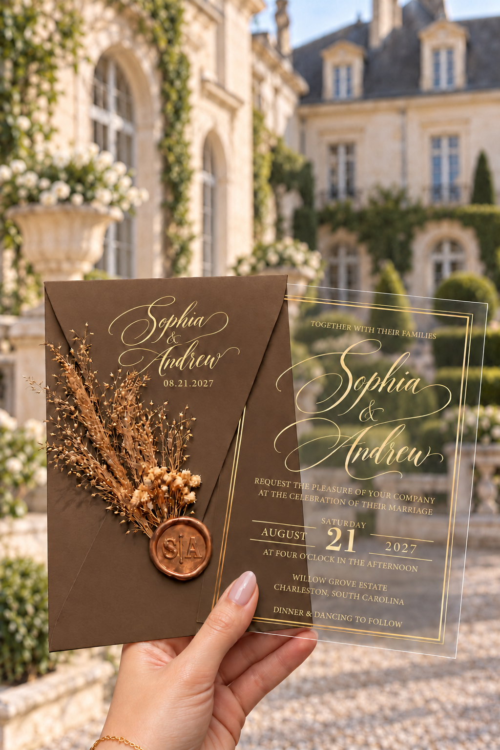 Brown script envelope with a dried botanical sprig and round wax seal beside a clear gold-bordered invitation, against an estate courtyard.