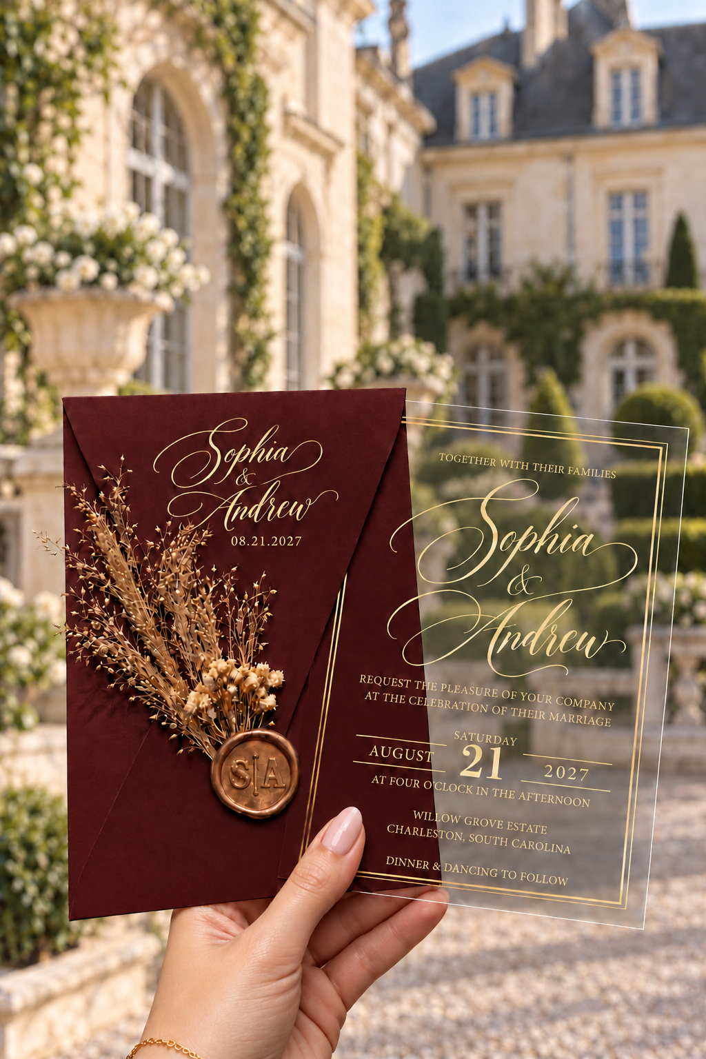 Burgundy script envelope with a dried botanical sprig and round wax seal beside a clear gold-bordered invitation, against an estate courtyard.