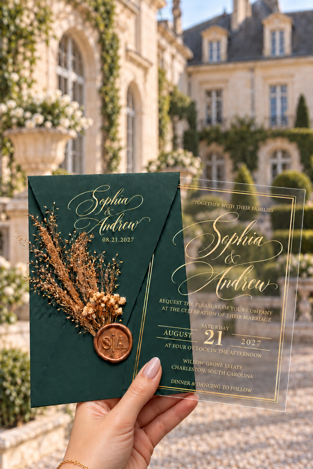Green script envelope with a dried botanical sprig and round wax seal beside a clear gold-bordered invitation, against an estate courtyard.