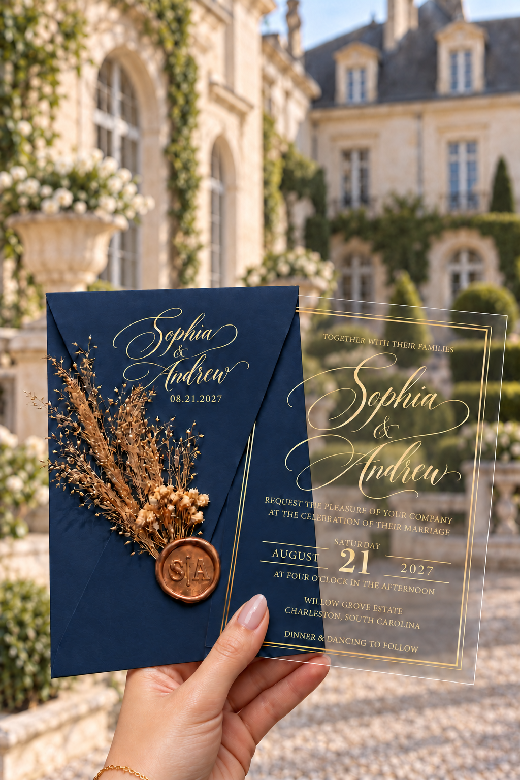 Navy blue script envelope with a dried botanical sprig and round wax seal beside a clear gold-bordered invitation, against an estate courtyard.