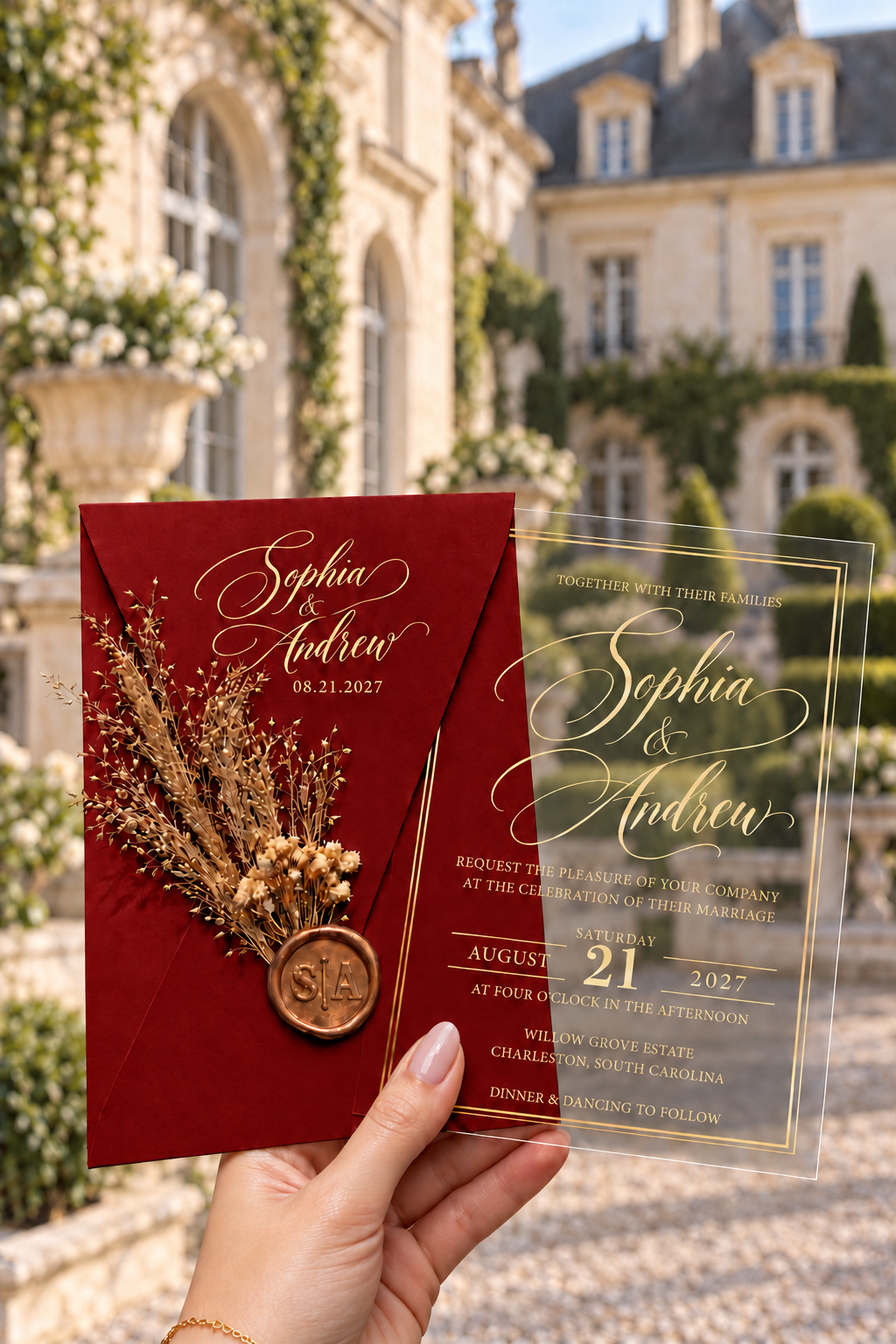 Red script envelope with a dried botanical sprig and round wax seal beside a clear gold-bordered invitation, against an estate courtyard.