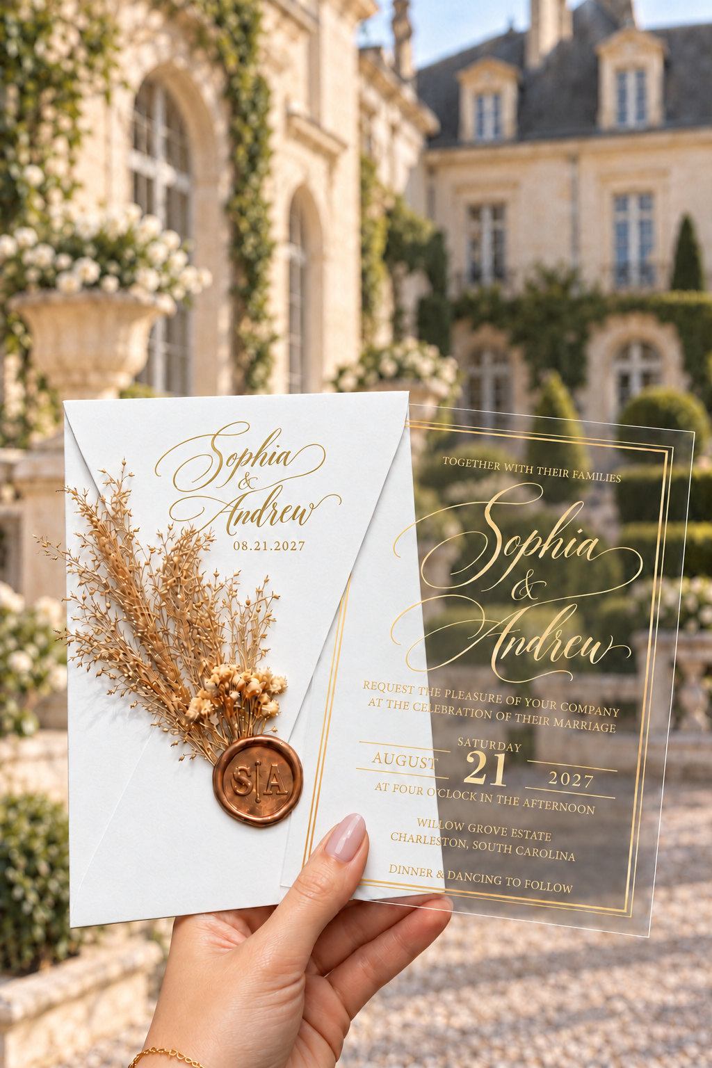 White script envelope with a dried botanical sprig and round wax seal beside a clear gold-bordered invitation, against an estate courtyard.